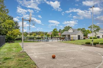 A basketball is on a court with a basketball hoop to the left.